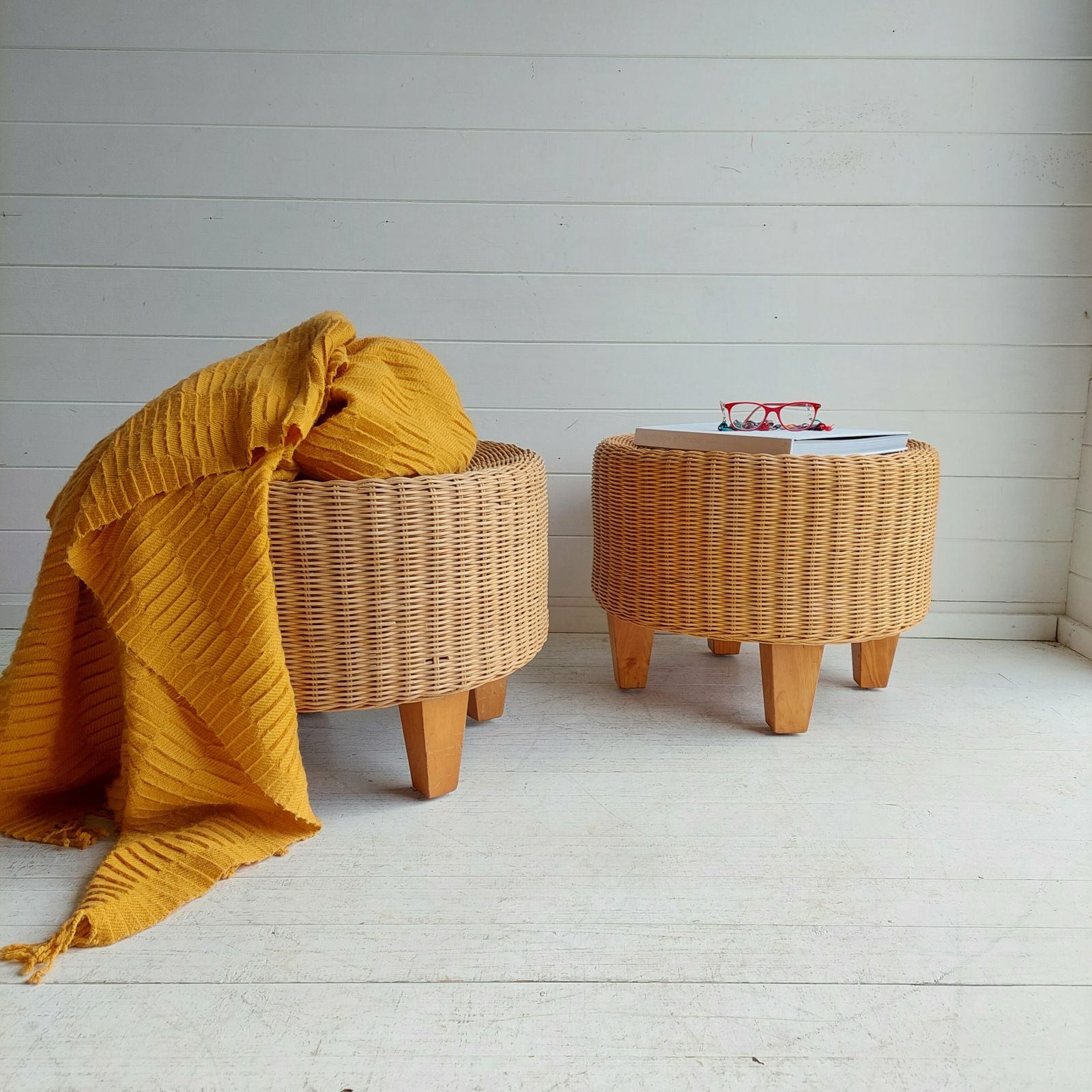 Vintage Ikea Wicker Footstools Side Tables Ottomans Late Mid Century, 90s Set Of 2