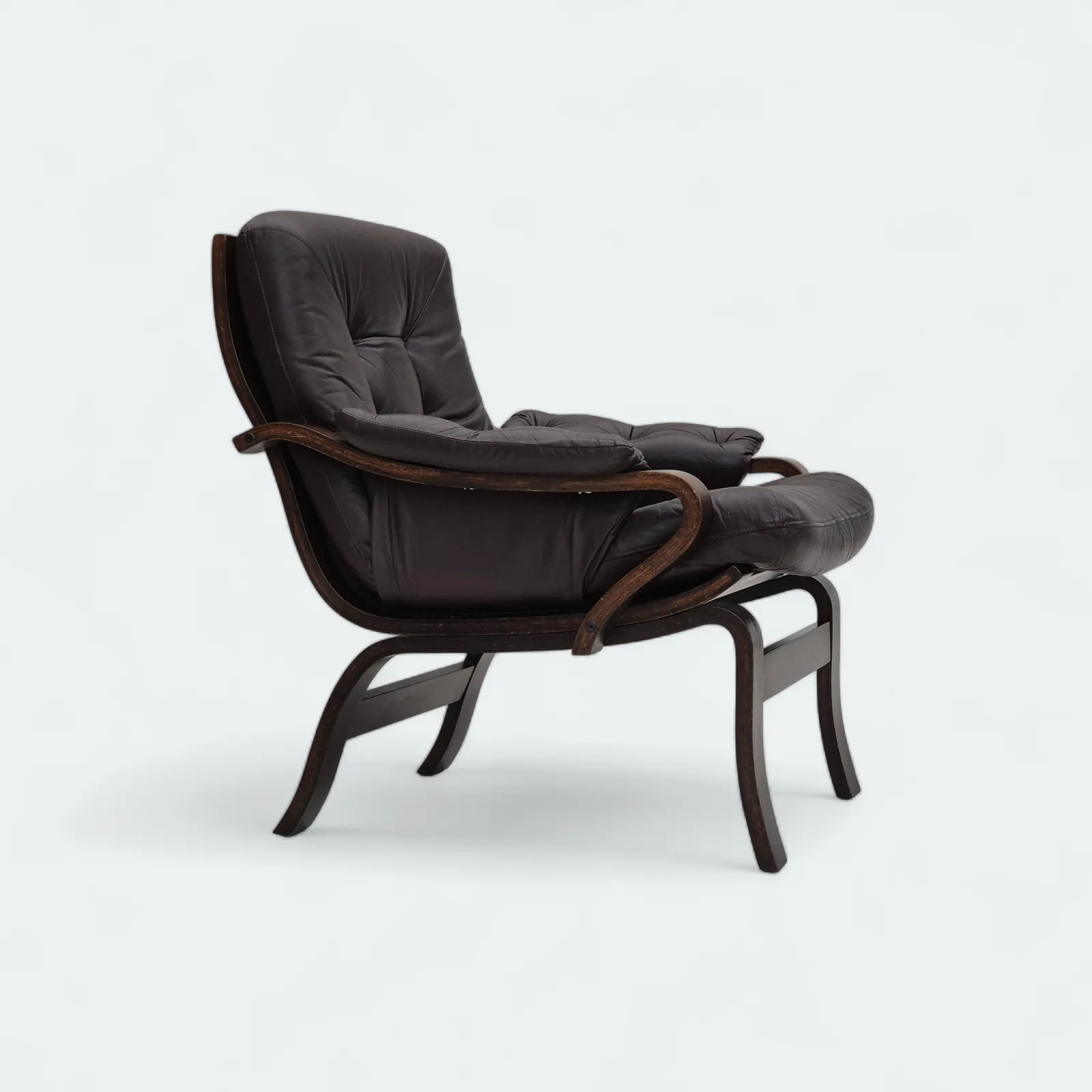 1970s, Scandinavian Lounge Chair In Original Condition, Brown Leather, Dark Bent Wood.