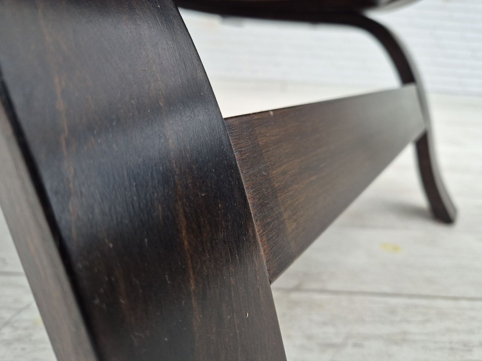 photo buy 1970s, Scandinavian Lounge Chair In Original Condition, Brown Leather, Dark Bent Wood.