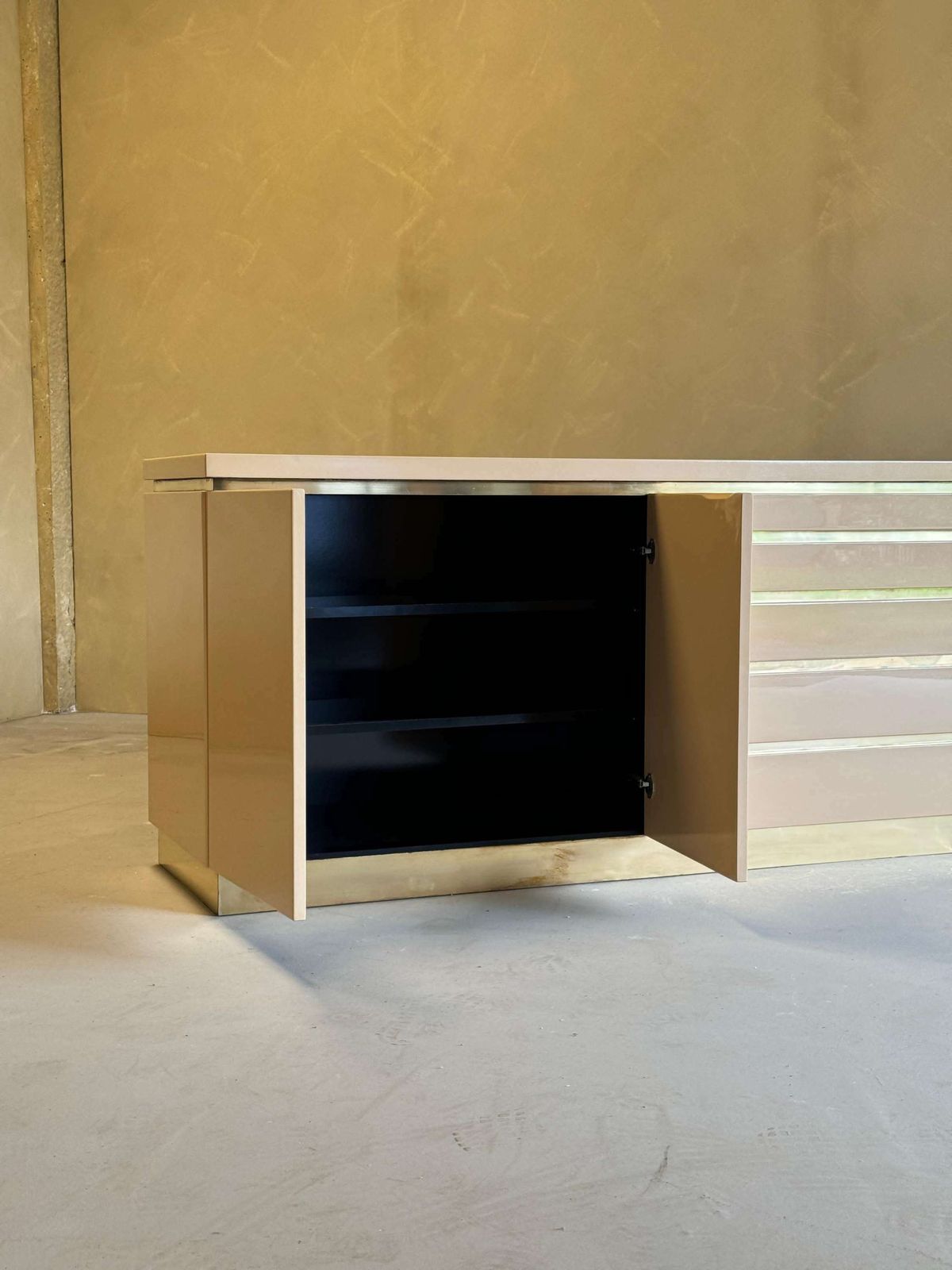 Cream Lacquered And Brass Sideboard By Jean Claude Mahey, France photo vintage