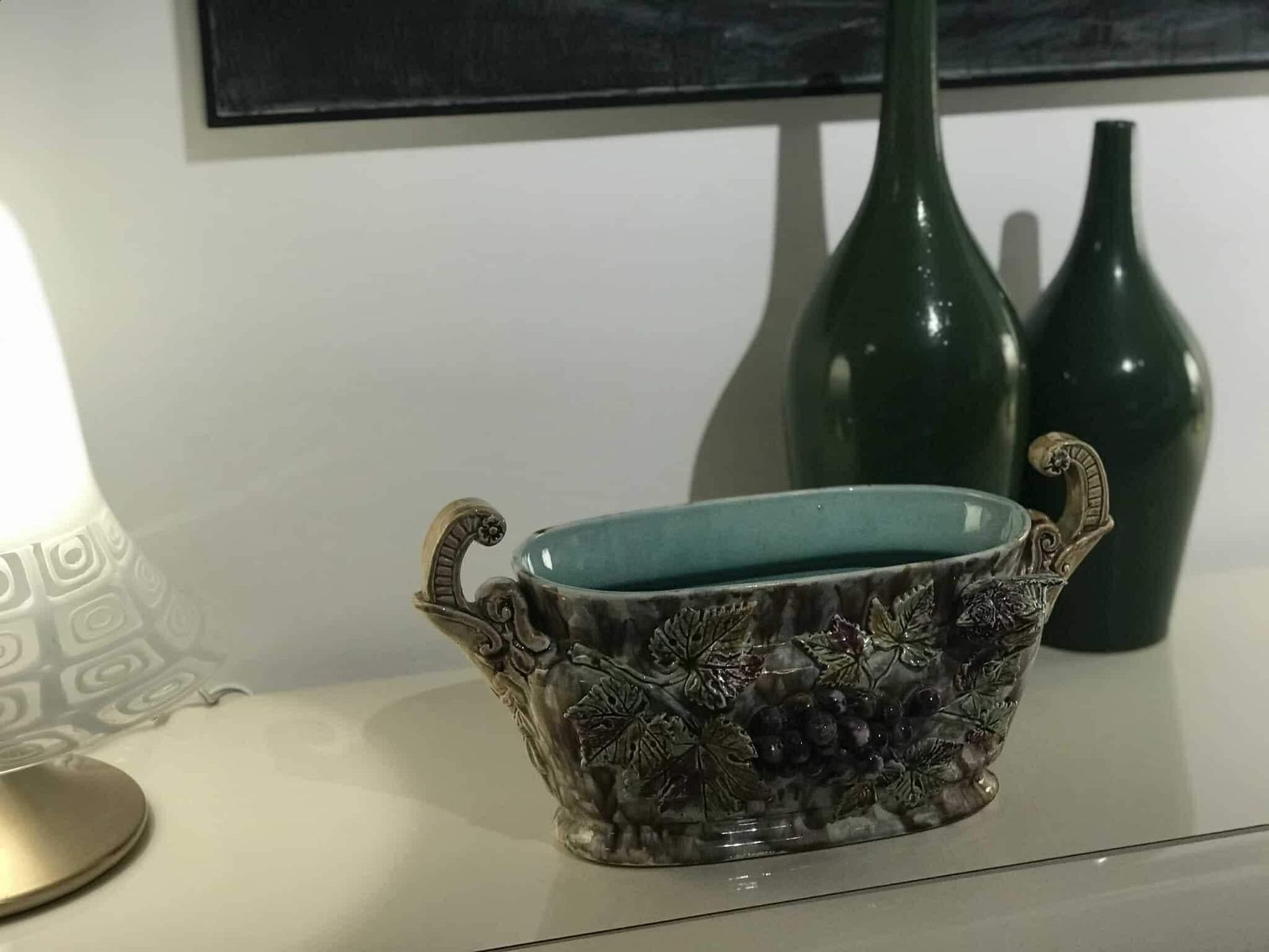 Antieke Jardinière Barbotine Bloempot Tafelstuk Cache Pot 19e Eeuw Onnaing Druiven Vogel Vigne Herfstkleurenpalet Antiek Cadeau Majolica photo 428.0