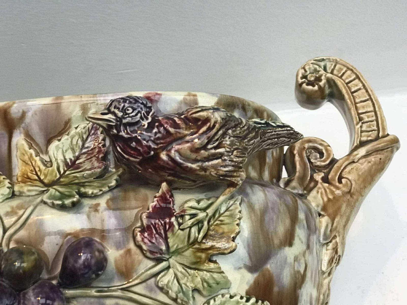 Antique Jardinière Barbotine Planter Centerpiece Cache Pot 19th Century Onnaing Grapes Bird Vigne Autumn Color Palette Antique Gift Majolica photo buy