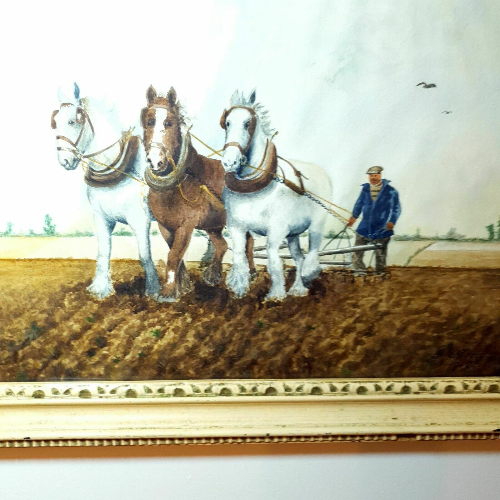 Artist Signed Watercolour Ploughing Horses & Farmer Framed Vintage Landscape Art photo buy