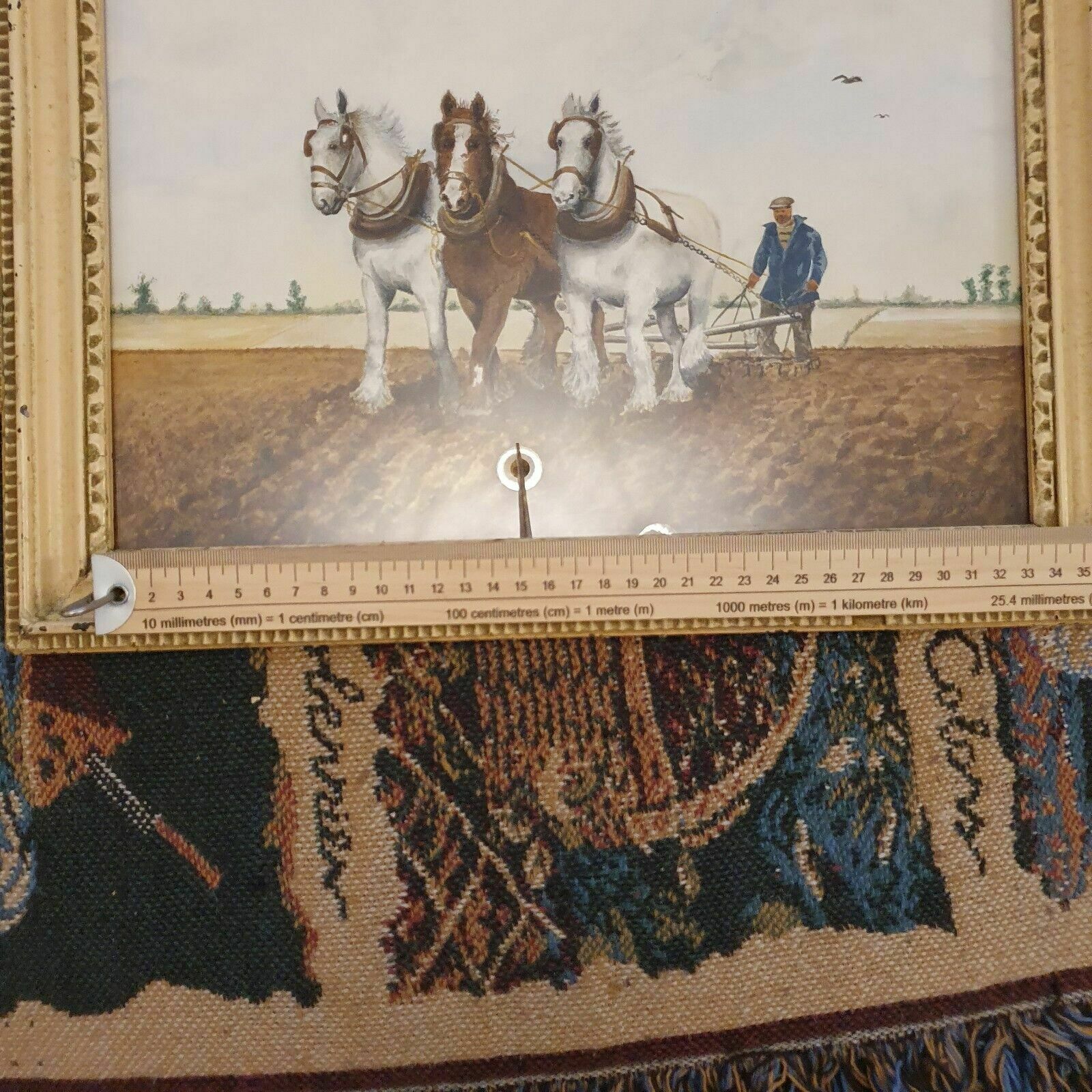 photo buy Artist Signed Watercolour Ploughing Horses & Farmer Framed Vintage Landscape Art