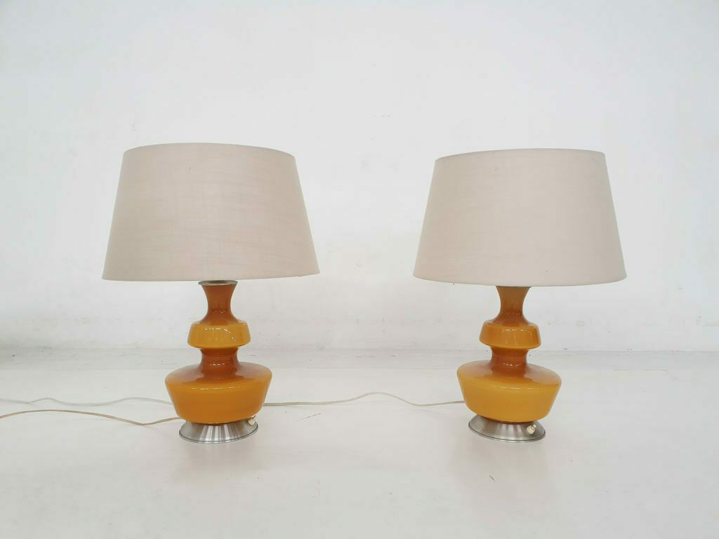 Set Of Two Mid Century Yellow Glass Table Lights, Belgium 1960's