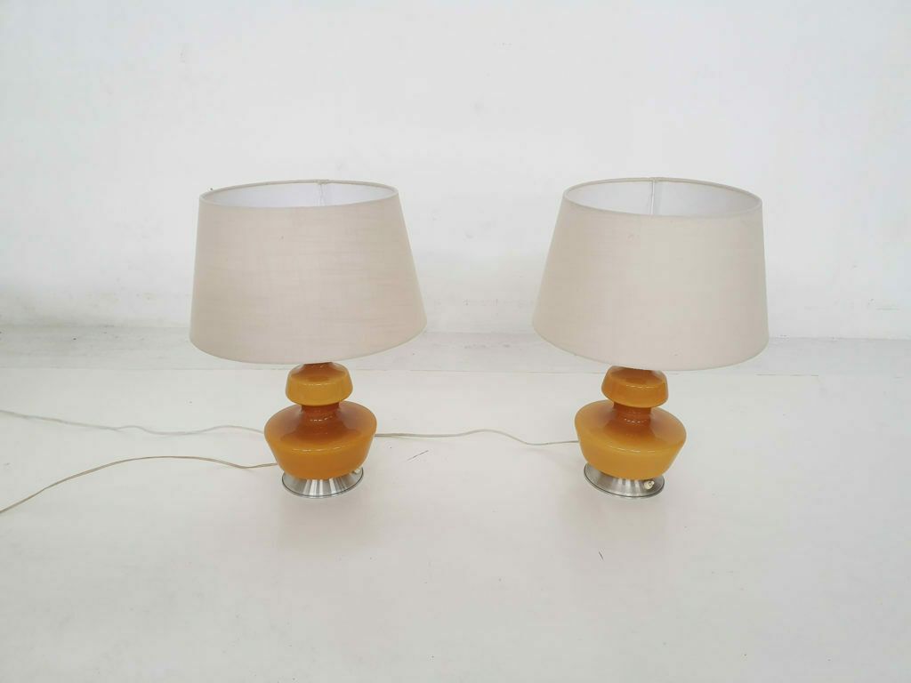 Set Of Two Mid Century Yellow Glass Table Lights, Belgium 1960's photo Lighting