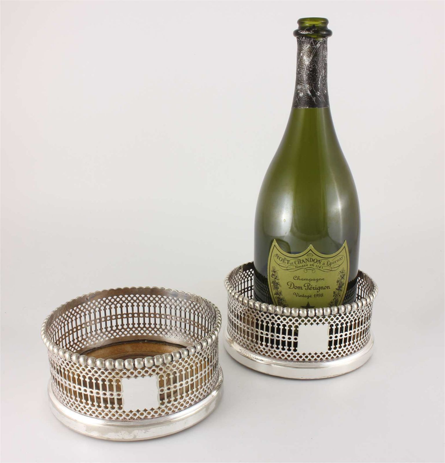 Pair Large Wine Bottle Coasters. Silver Plate Champagne Holders. C1850. photo for sale