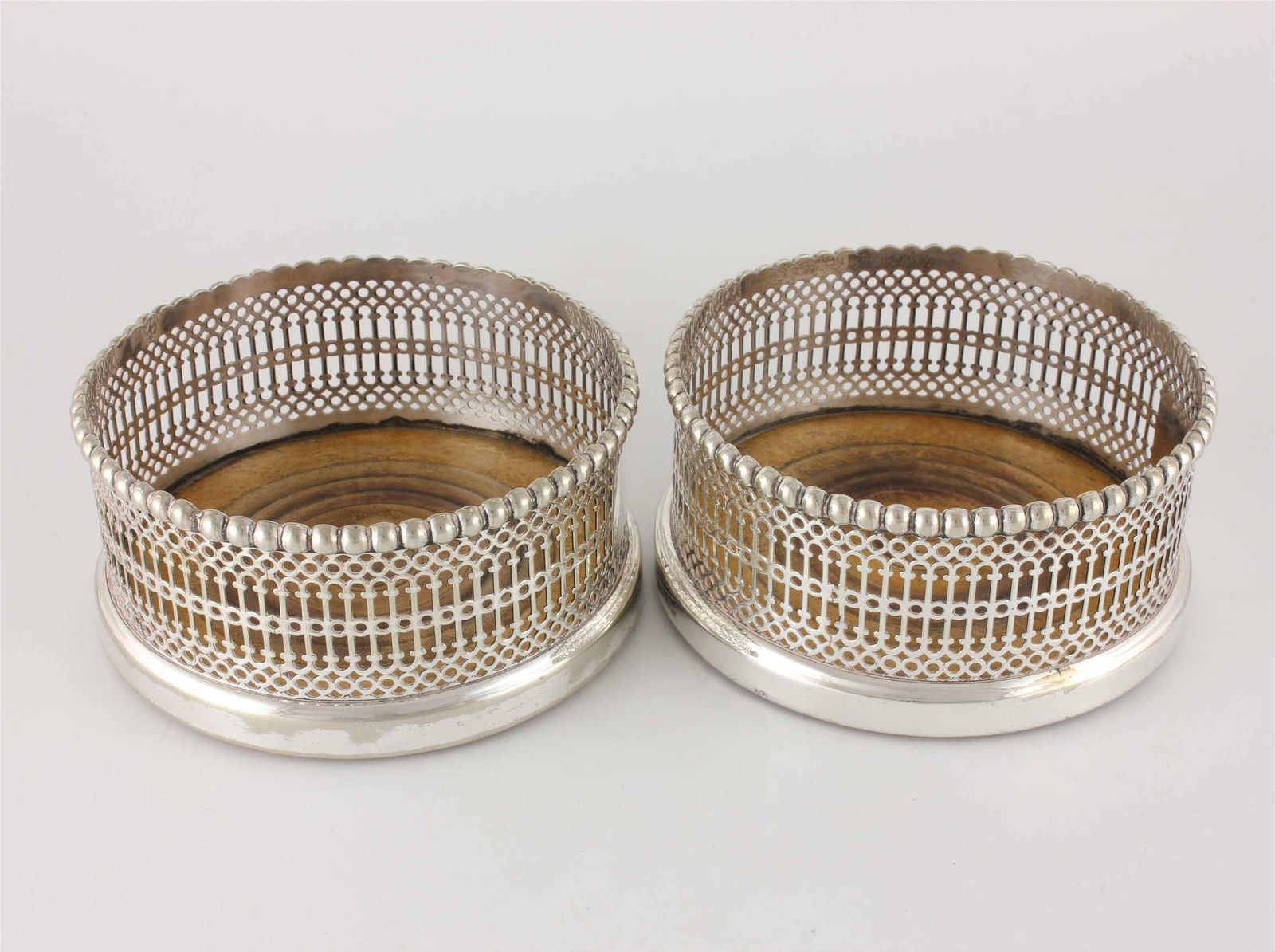 Pair Large Wine Bottle Coasters. Silver Plate Champagne Holders. C1850. photo vintage