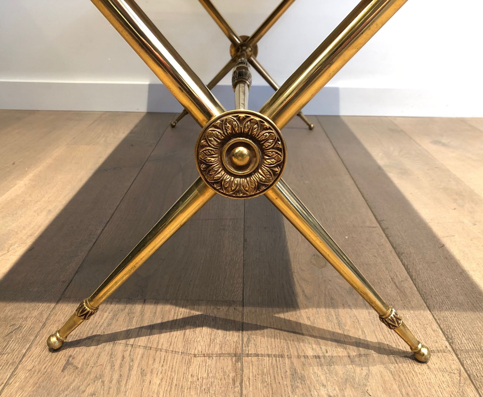 photo for sale Neoclassical Style Coffee Table In Brass And Marble In The Style Of Raymond Subes