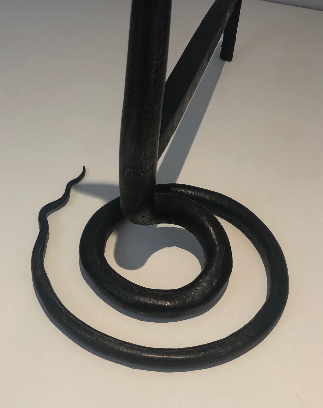 Pair Of Wrought Iron Cobra Andirons In The Style Of Edgar Brandt photo vintage