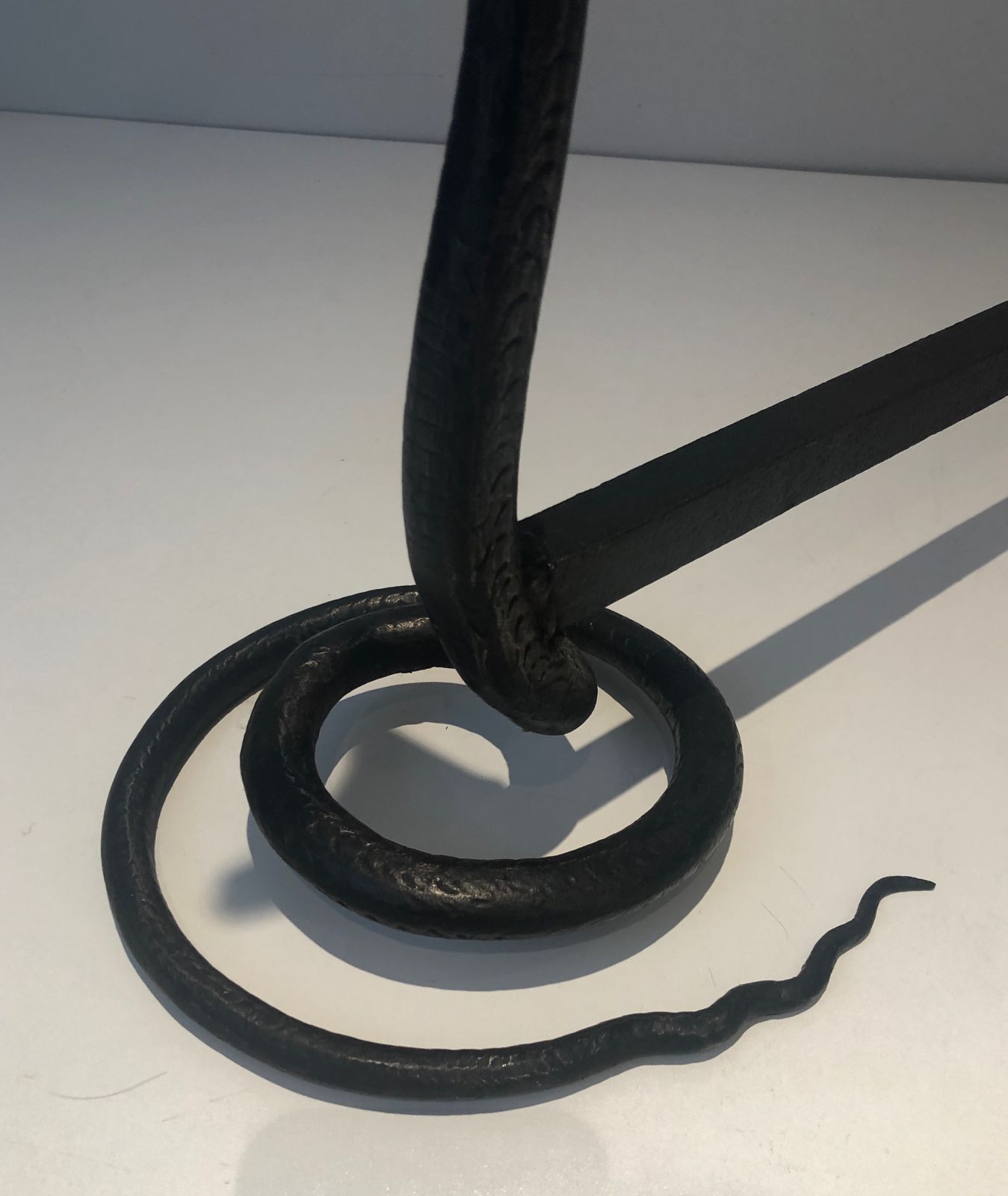 photo furniture Pair Of Wrought Iron Cobra Andirons In The Style Of Edgar Brandt