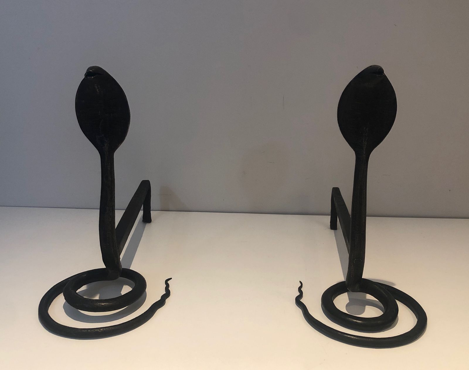 Home Fixtures Pair Of Wrought Iron Cobra Andirons In The Style Of Edgar Brandt photo