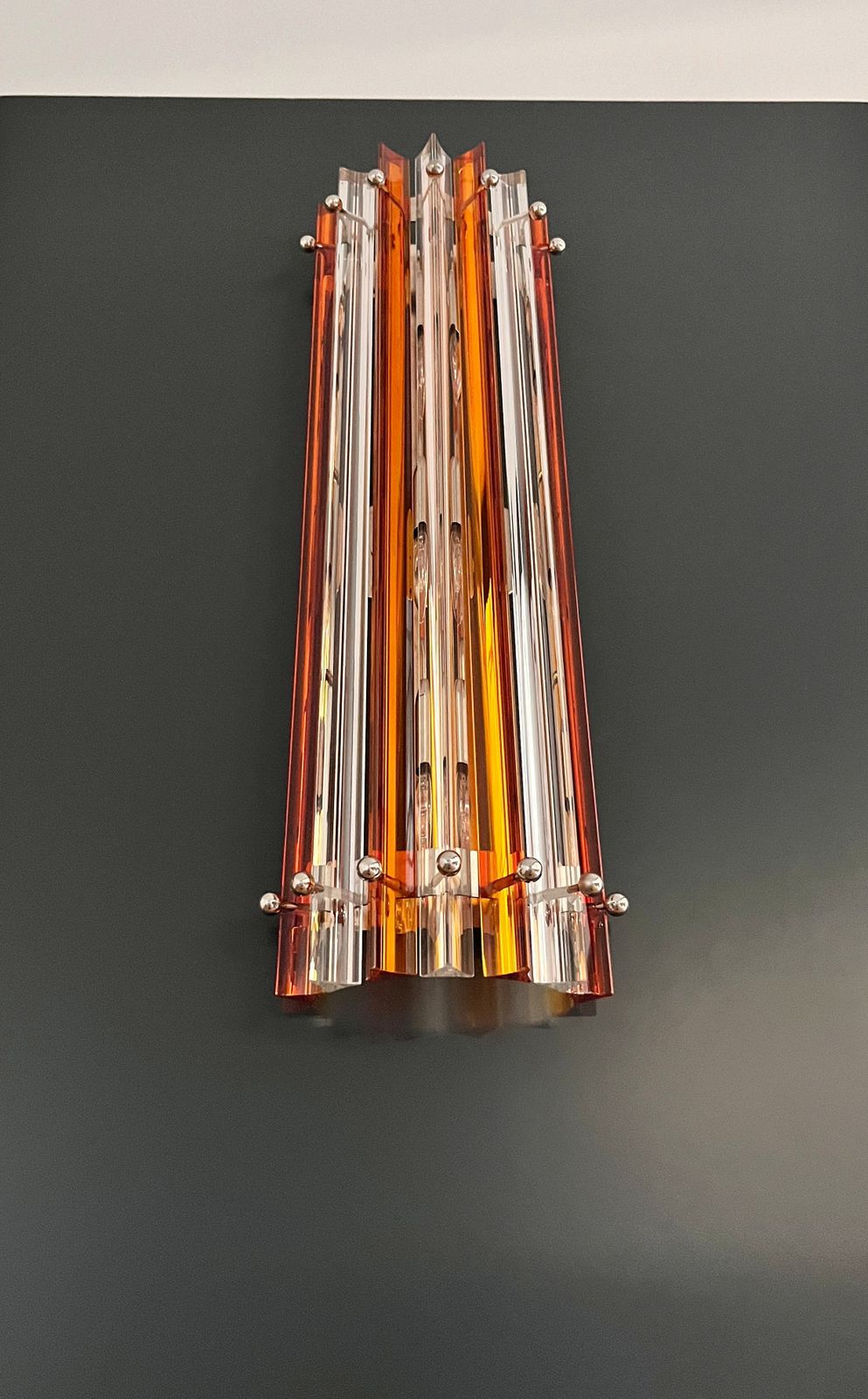 900.0 Pair Of Vintage Murano Wall Sconce – Clear And Amber Triedri   Column Model photo