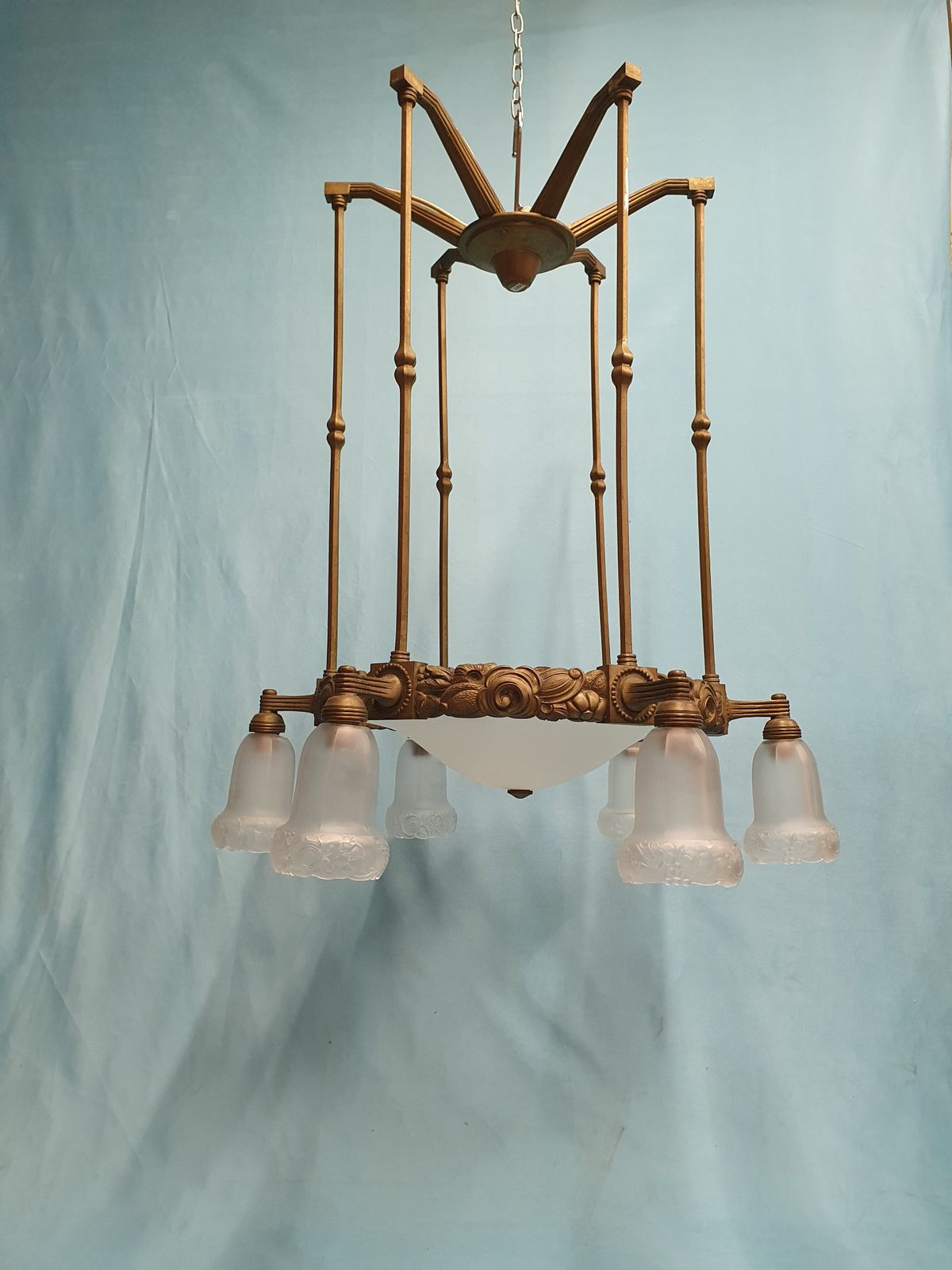 Early 20th Century Pair Of Large Brass Hall Lights With Glass Shades 26" photo vinterior