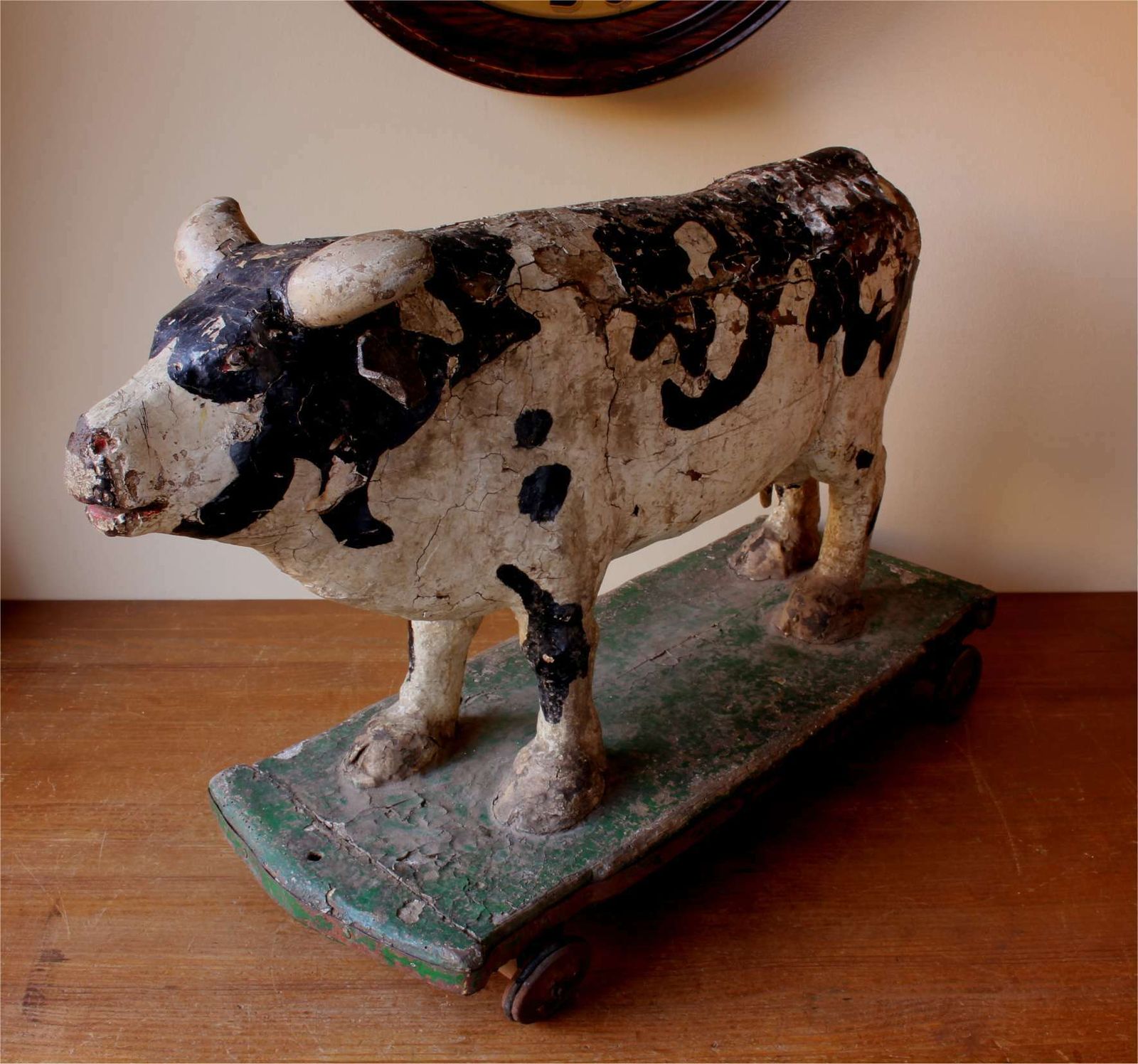 Antique Wooden Folk Art Cow Trolley. Rustic French Butchers Shop Display. photo for sale