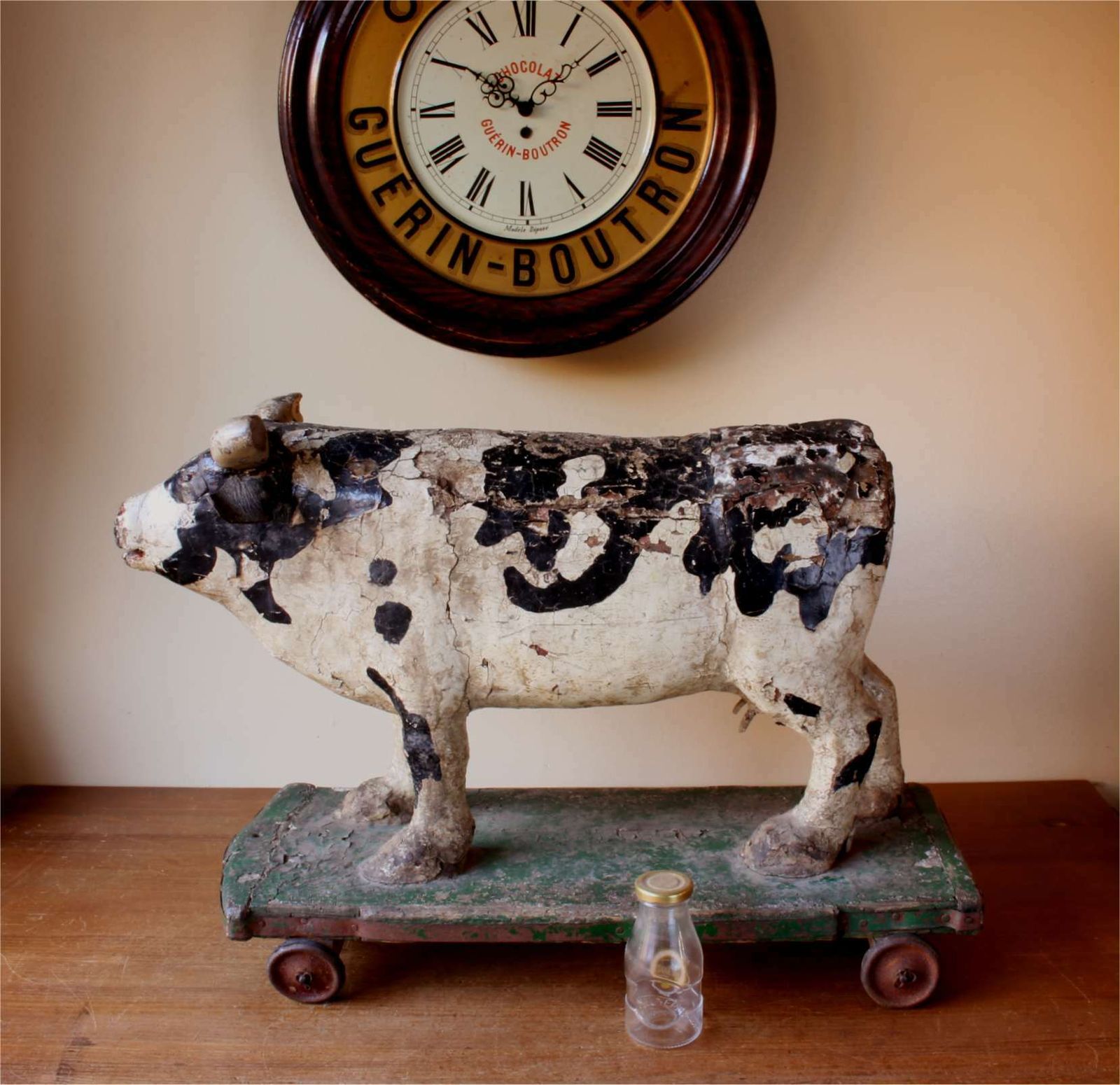 Antique Wooden Folk Art Cow Trolley. Rustic French Butchers Shop Display. photo Home Decor