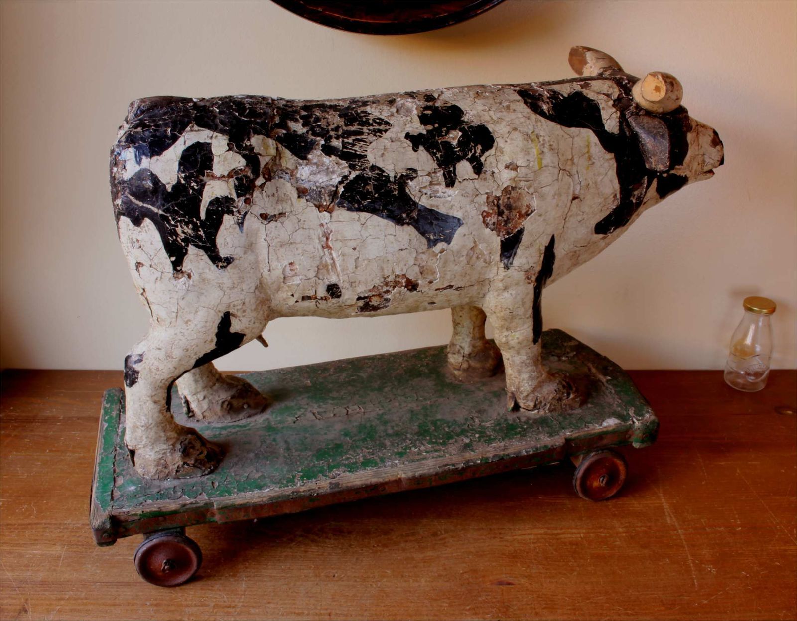 Antique Wooden Folk Art Cow Trolley. Rustic French Butchers Shop Display. photo vinterior