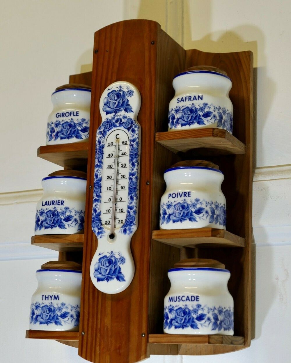 French Wall Hanging Blue And White Spice Jars With Thermometer photo furniture