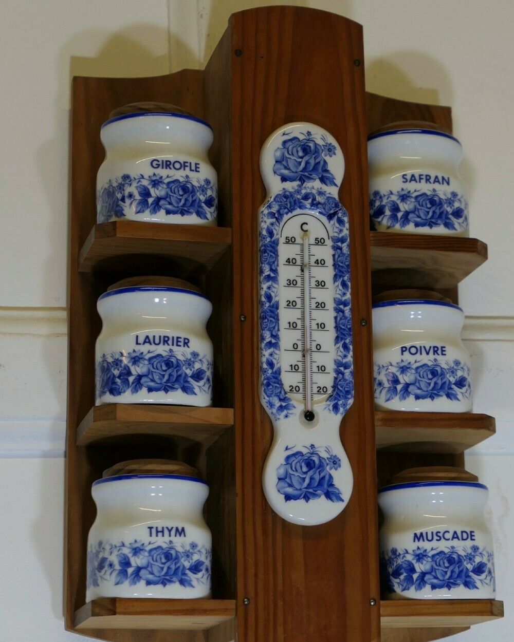 French Wall Hanging Blue And White Spice Jars With Thermometer photo 234.0