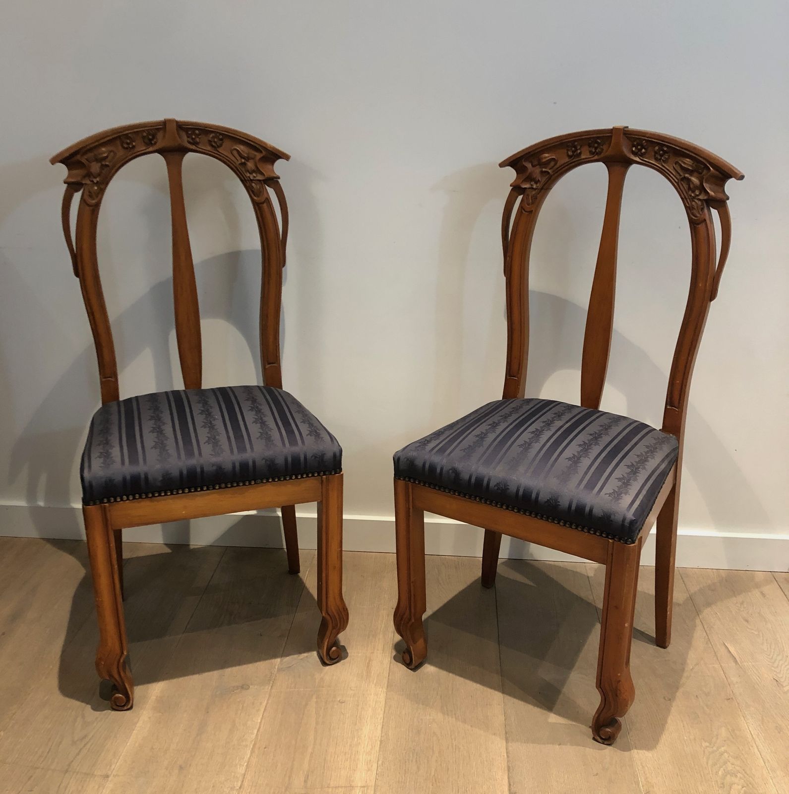 Set Of 4 Cherry Wood Chairs Decorated With Flowers And Plants From The Art Nouveau Period photo furniture