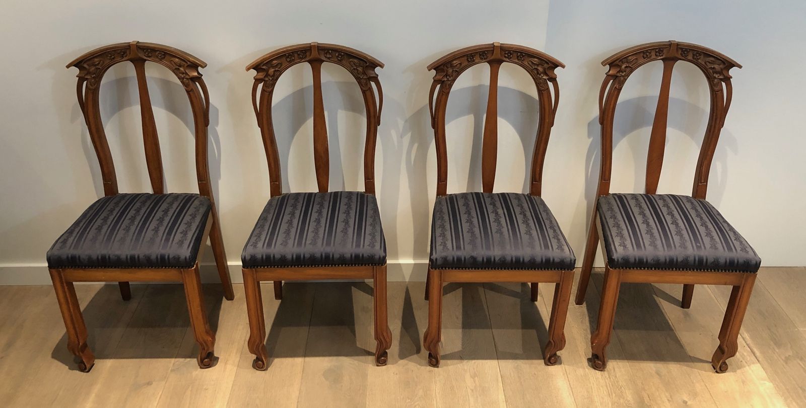 Furniture Set Of 4 Cherry Wood Chairs Decorated With Flowers And Plants From The Art Nouveau Period photo