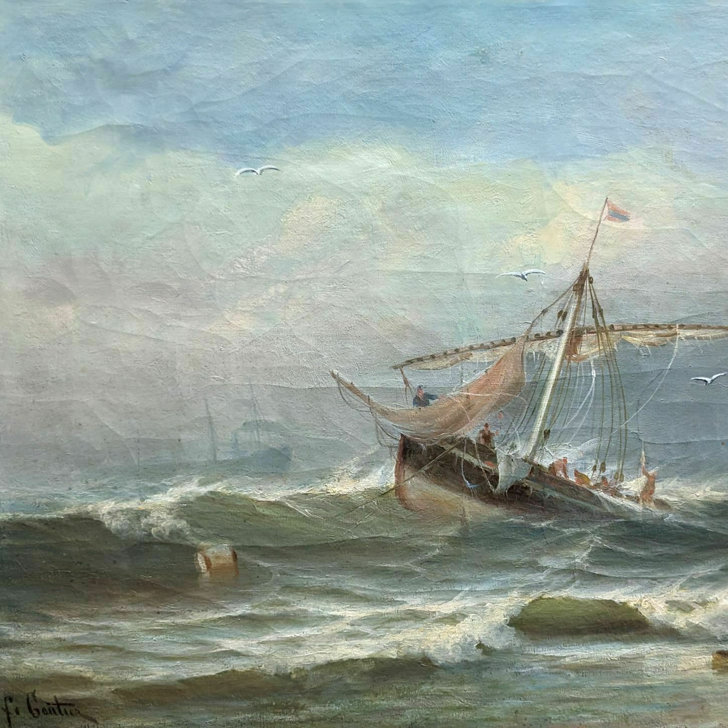 Marine Xixth Oil Painting On Canvas By F. Gautier photo furniture