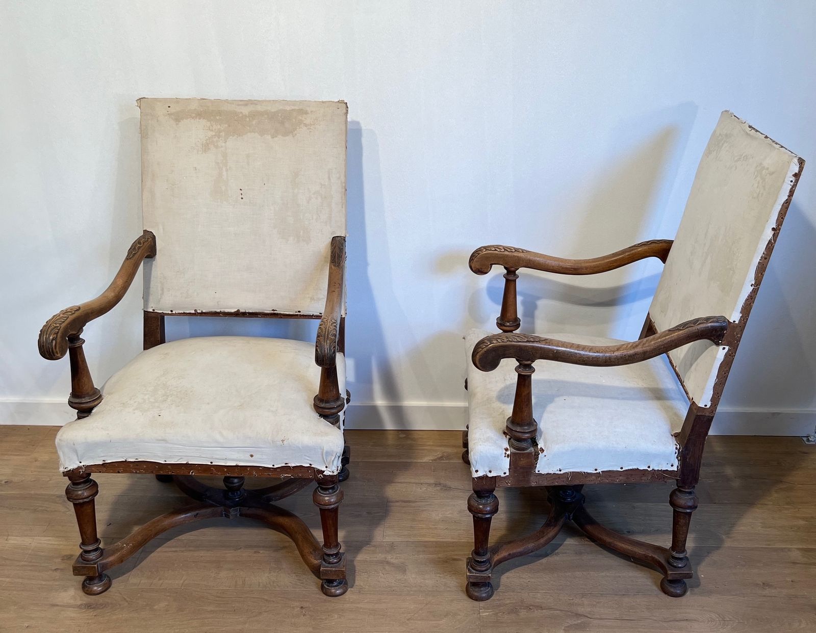 Pair Of Louis XIII Style High Back Walnut Armchairs photo for sale