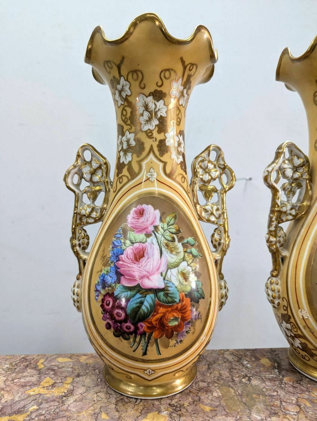 19th Century Paris Porcelain Vases Painted With Roses (Pair) photo for sale