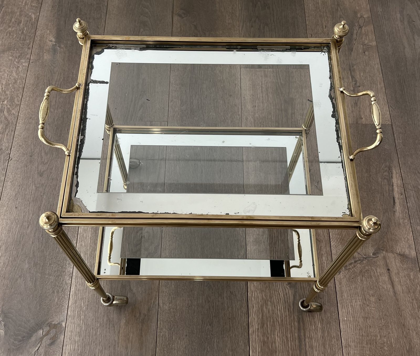 photo vintage Rare Pair Of End Tables Forming Rolling Tables With Removable Top Trays From Maison Jansen