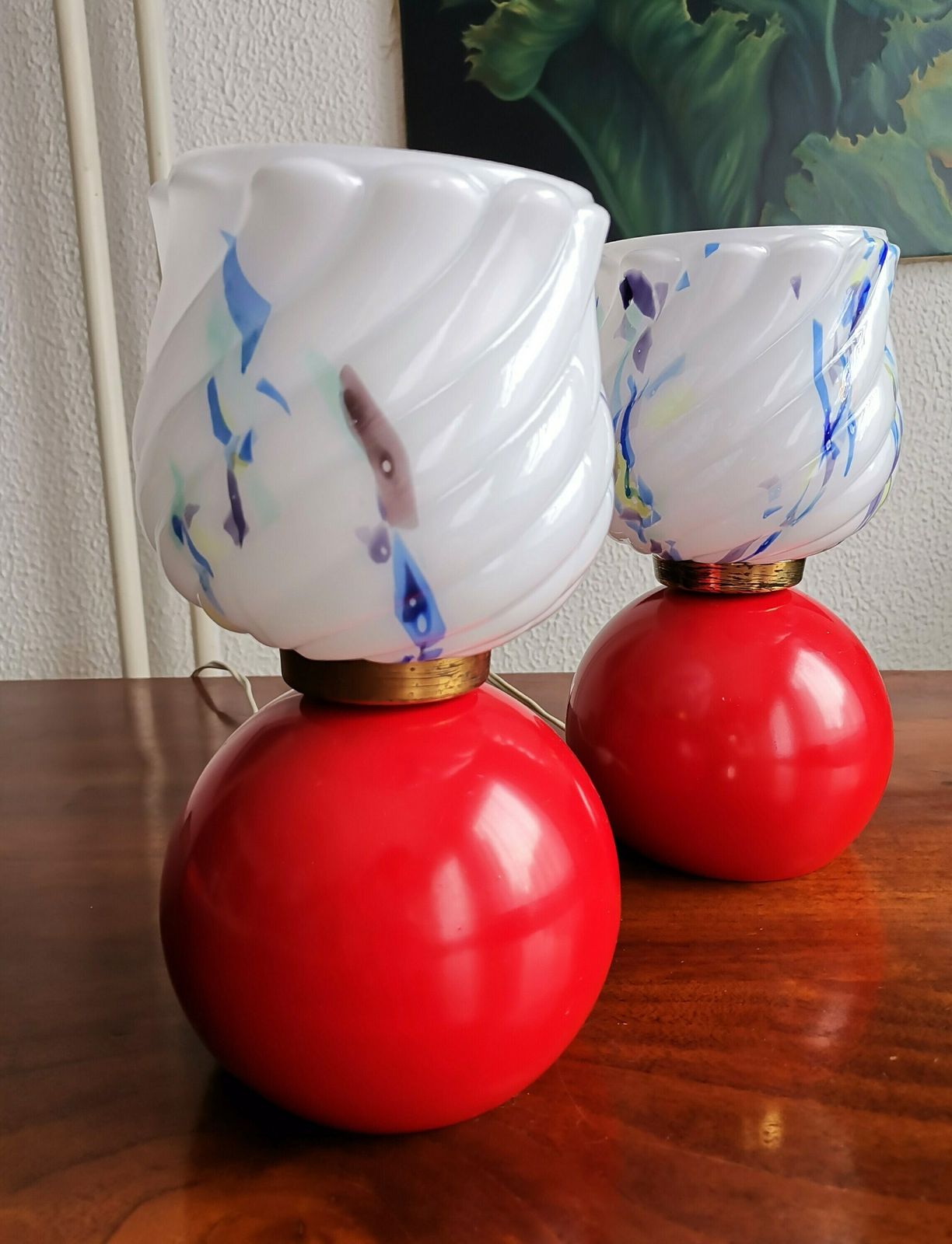 Pair Of Vintage Painted Bedside Lamps / Glass & Metal Table Lamp With Round Base / 60s 70s Yugoslavia / Mid Century Modern Lights photo for sale