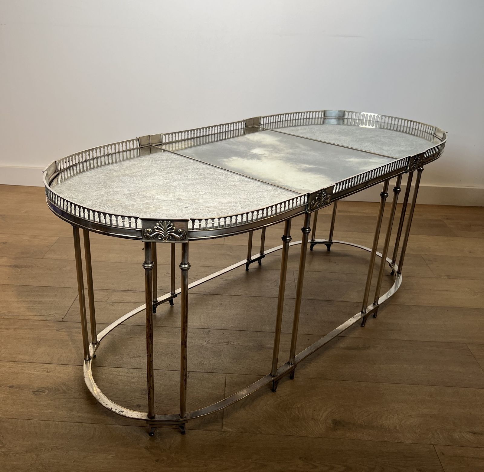 Neoclassical Style Coffee Table In Silver Metal And Aged Mirror Tops photo vinterior