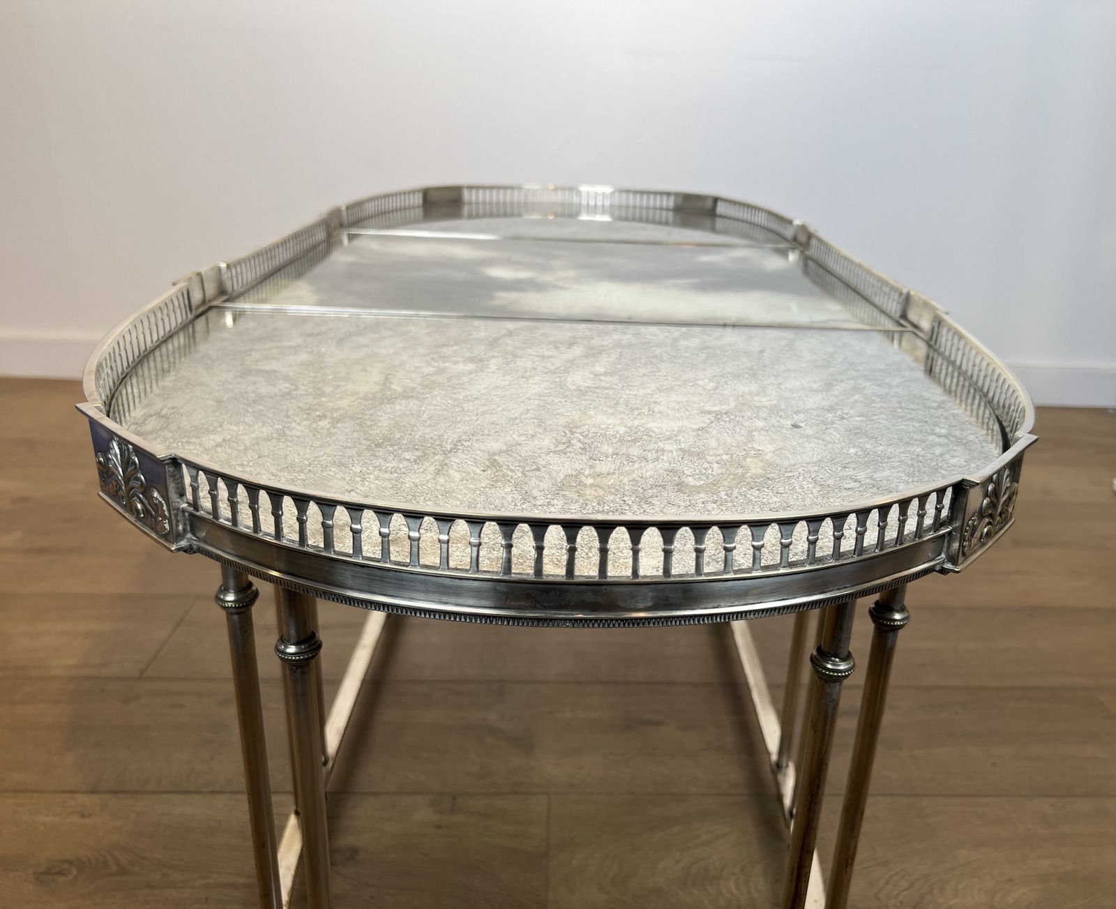 photo for sale Neoclassical Style Coffee Table In Silver Metal And Aged Mirror Tops