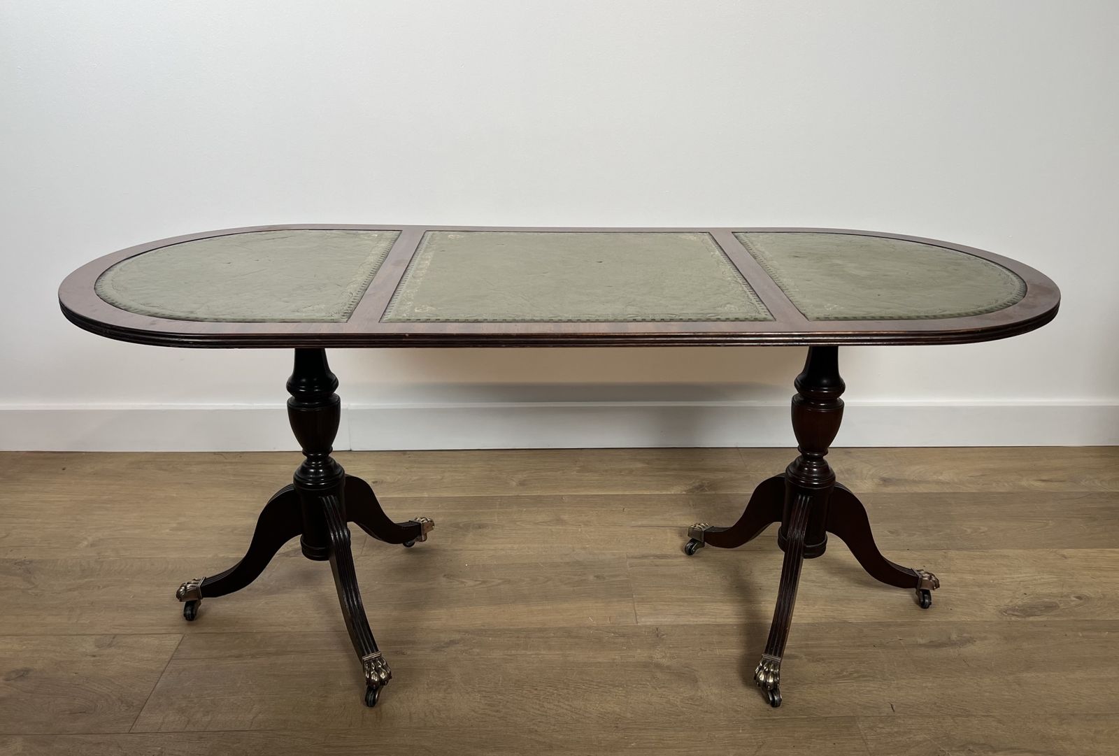 Neoclassical Style Coffee Table In Mahogany, Bronze Claw Legs And Green Leather Tops photo furniture