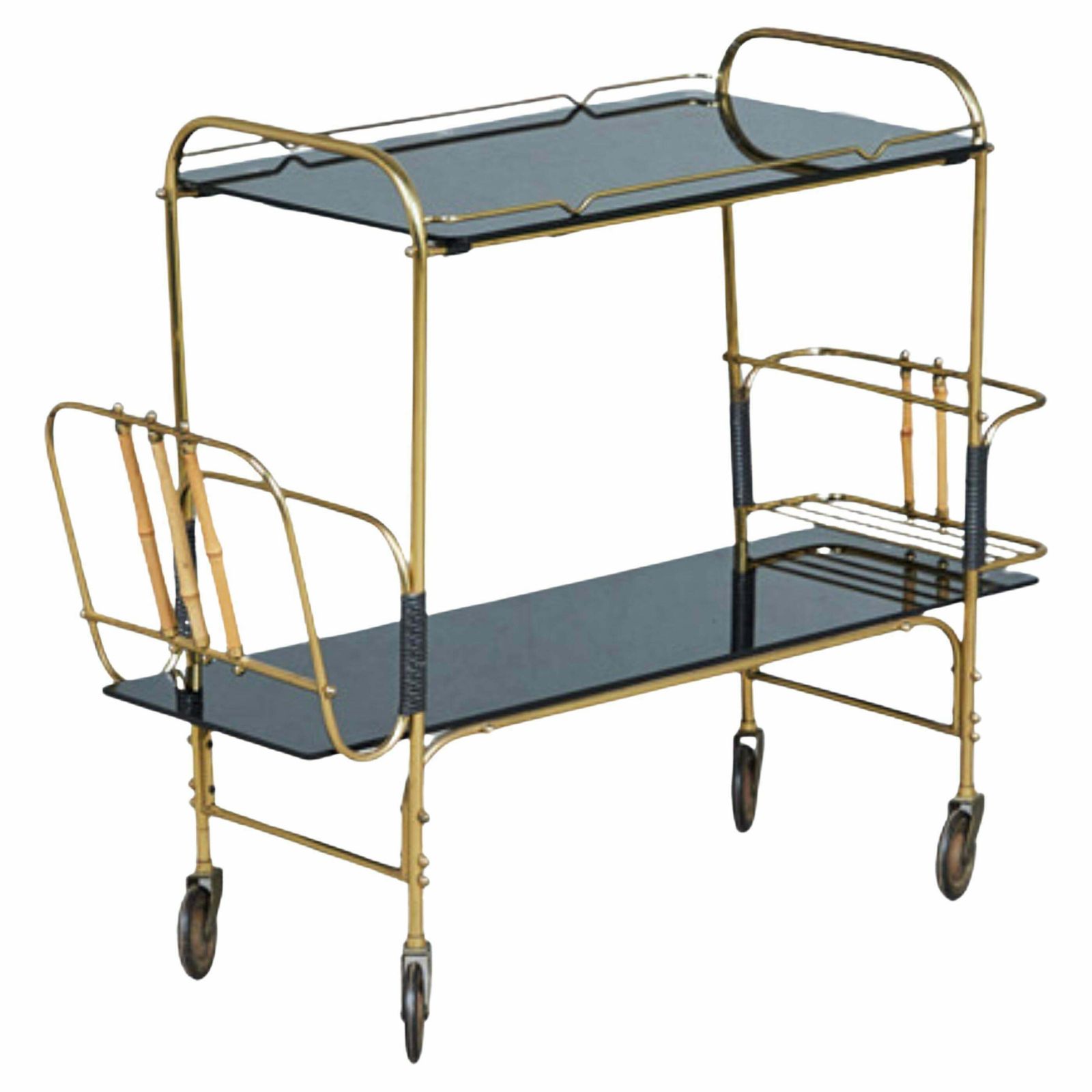 Vintage Bar Cart With Bamboo Newspaper Stand And Bottle Holder, 1950s