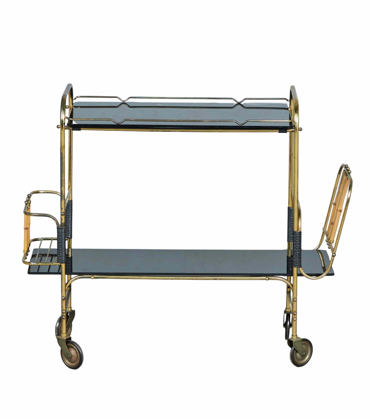 Vintage Bar Cart With Bamboo Newspaper Stand And Bottle Holder, 1950s photo furniture