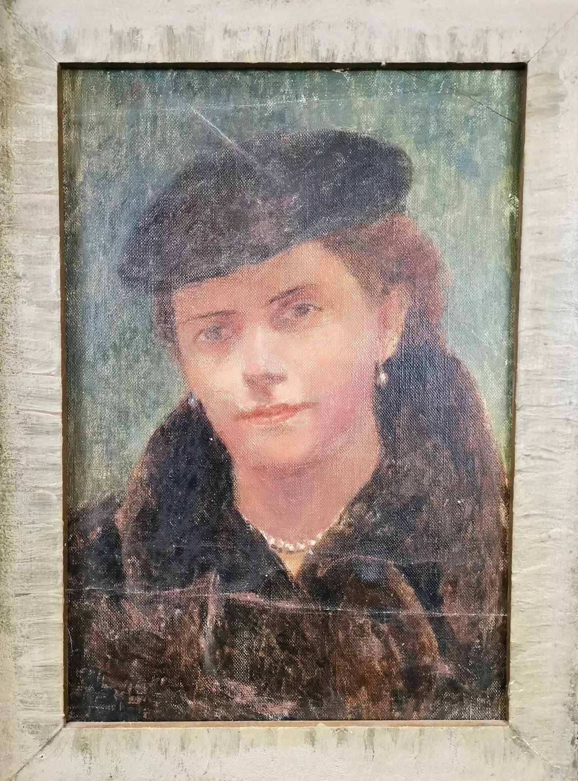 Lady With Hat, Oil Painting With Gold Leaf Frame / 20th Century Decor / Framed Vintage Painting photo for sale