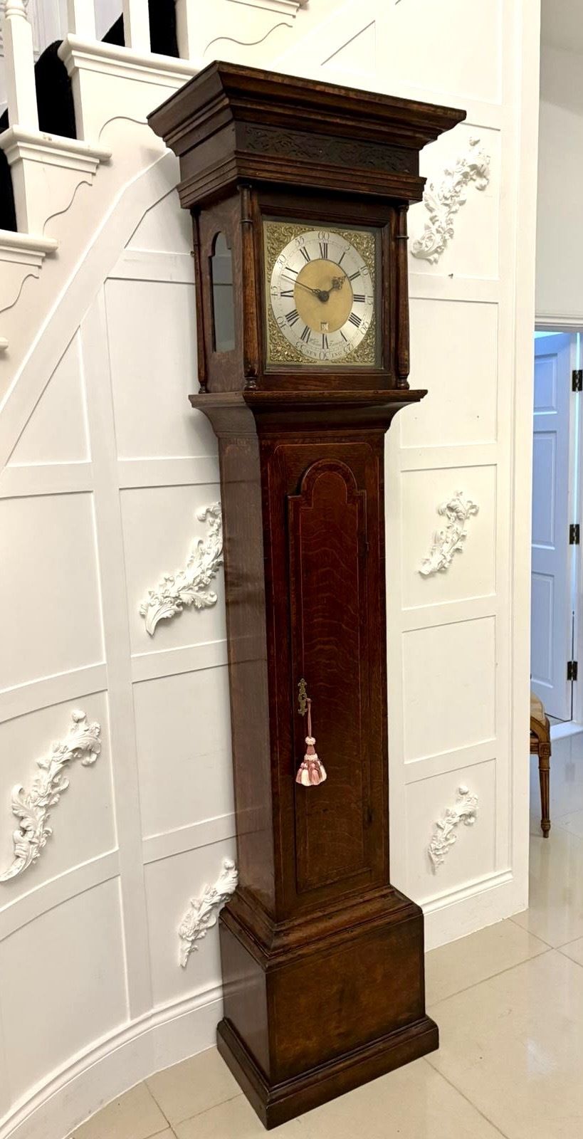 photo furniture Outstanding Quality Antique 18th Century Oak And Burr Oak Brass Face Longcase Clock