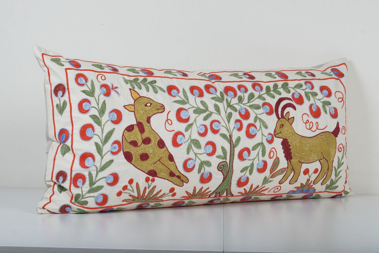 Tashkent Deer Floral Suzani Bedding Pillow Case Made From A 19th Century Suzani   Abstract Uzbek Pictorial Lumbar Cushion Cover photo furniture