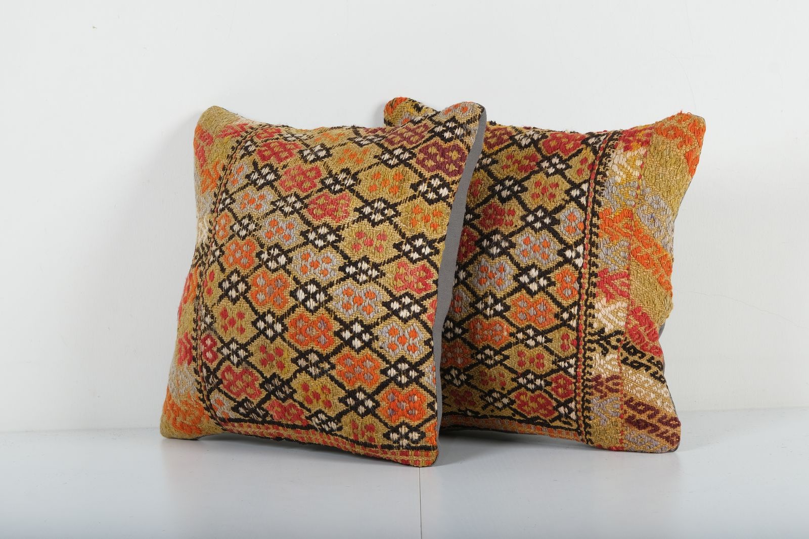 Pair Striped Turkish Kilim Pillow Cover, Set Orange Handwoven Kilim Pillow photo for sale
