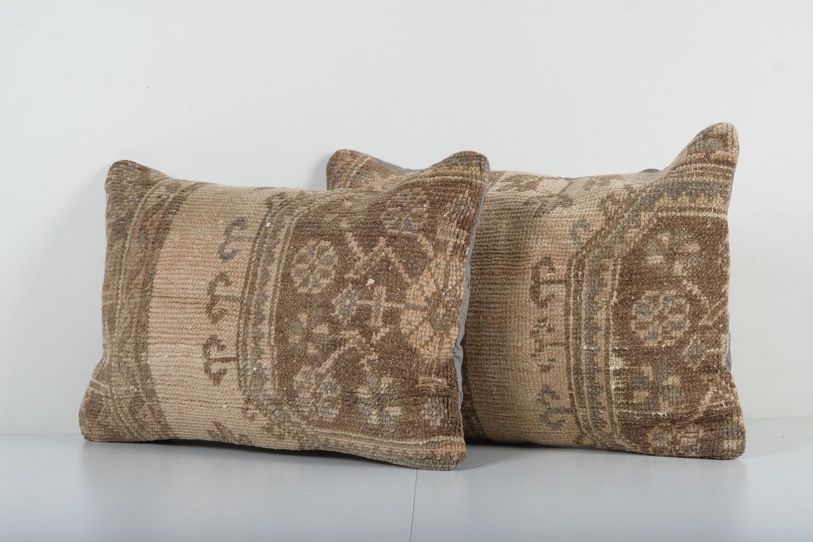 Set Of Two Turkish Oushak Rug Pillow Cover, Matching Boho Woven Pillow Cover, Pair Faded Wool Carpet Lumbar photo furniture