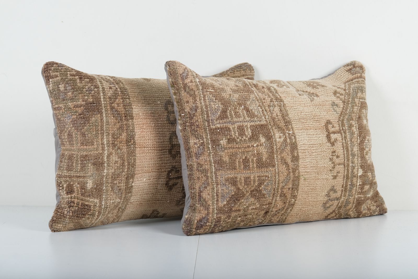 Set Of Two Turkish Oushak Rug Pillow Cover, Matching Boho Woven Pillow Cover, Pair Faded Wool Carpet Lumbar photo Textiles