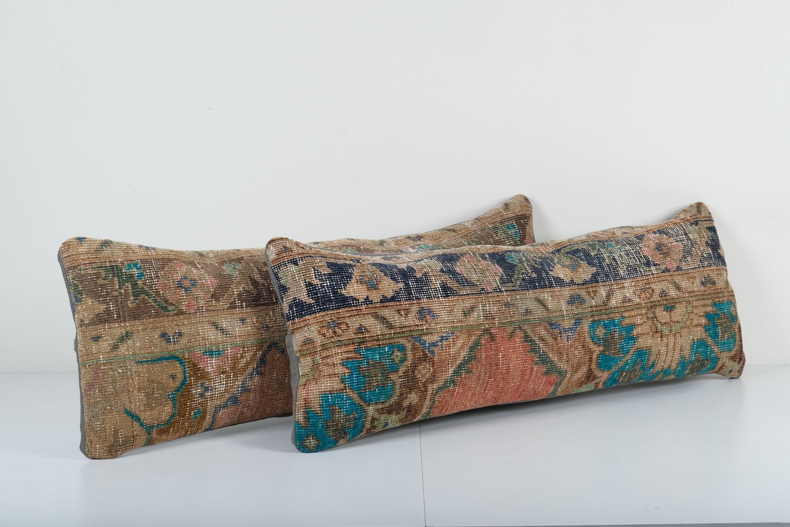 Turkish Bedding Rug Pillow Cover, Set Of Two Ethnic Handmade Oushak Lumbar Cover,  Carpet Soft Wool Pillow photo for sale