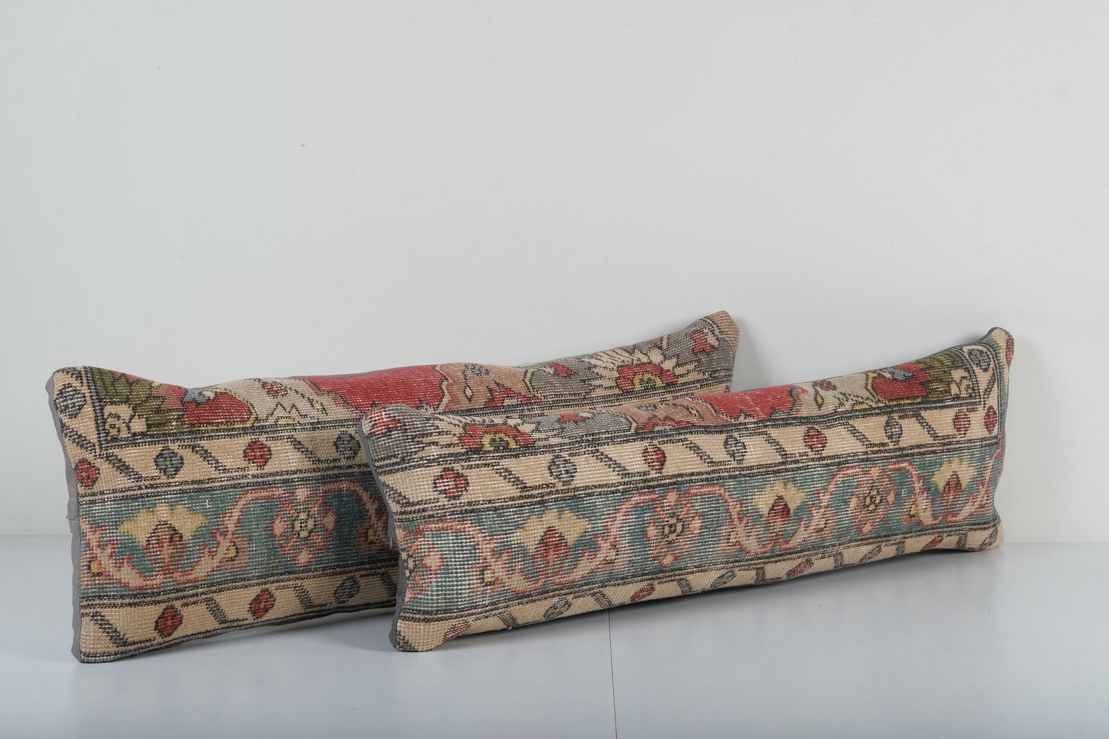 Pair Of Muted Ethnic Turkish Rug Pillows   Dark Red And Blue Carpet Bedding Cushions photo furniture