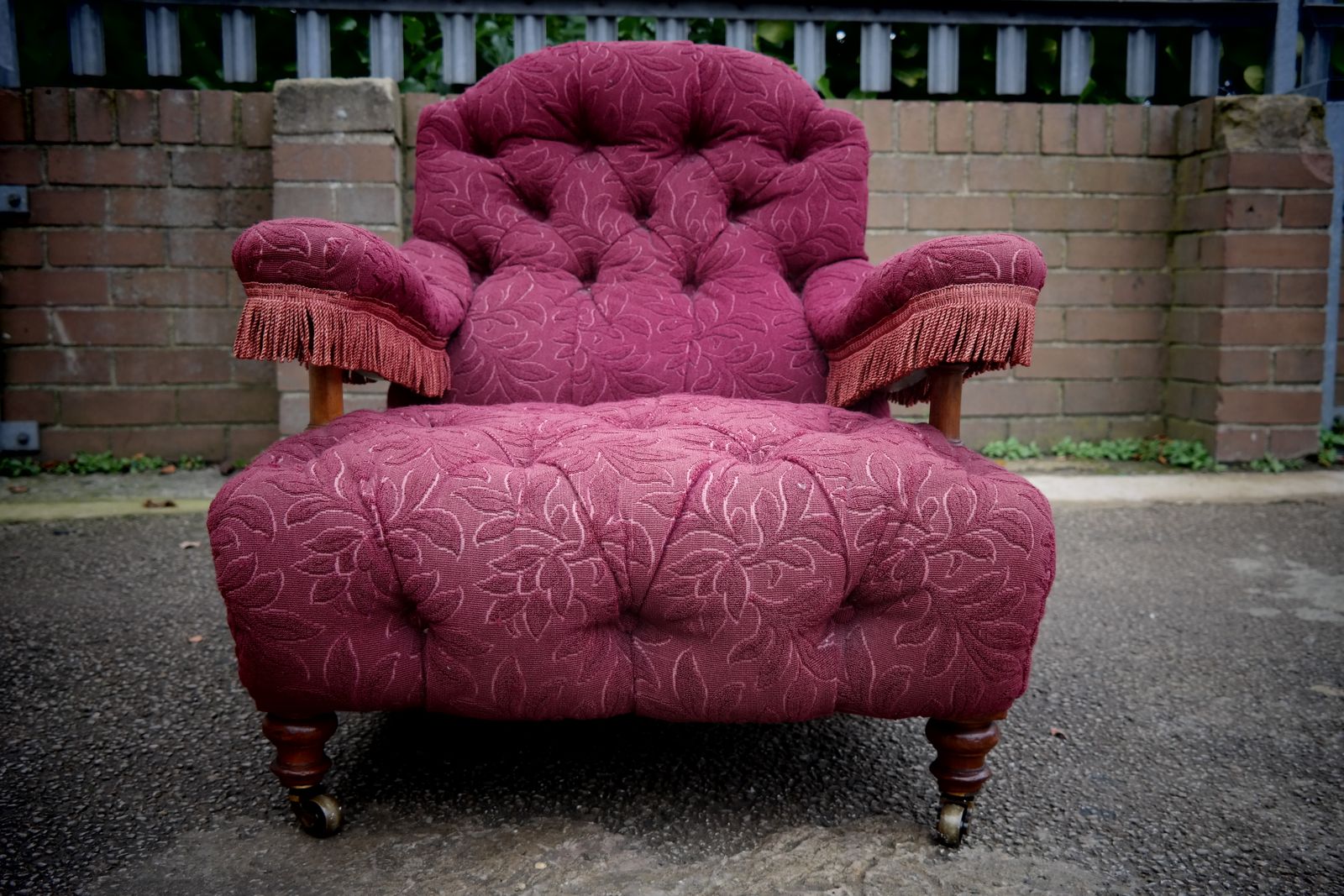 A Howard & Sons Buttoned Open Armchair In Heavy Burgundy Fabric photo for sale