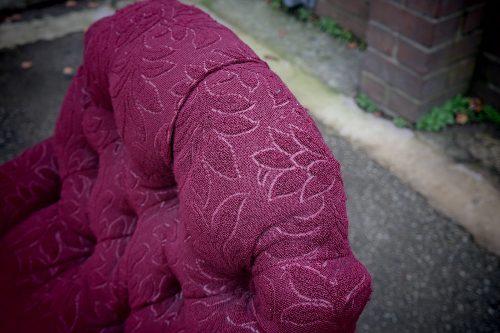 A Howard & Sons Buttoned Open Armchair In Heavy Burgundy Fabric photo buy