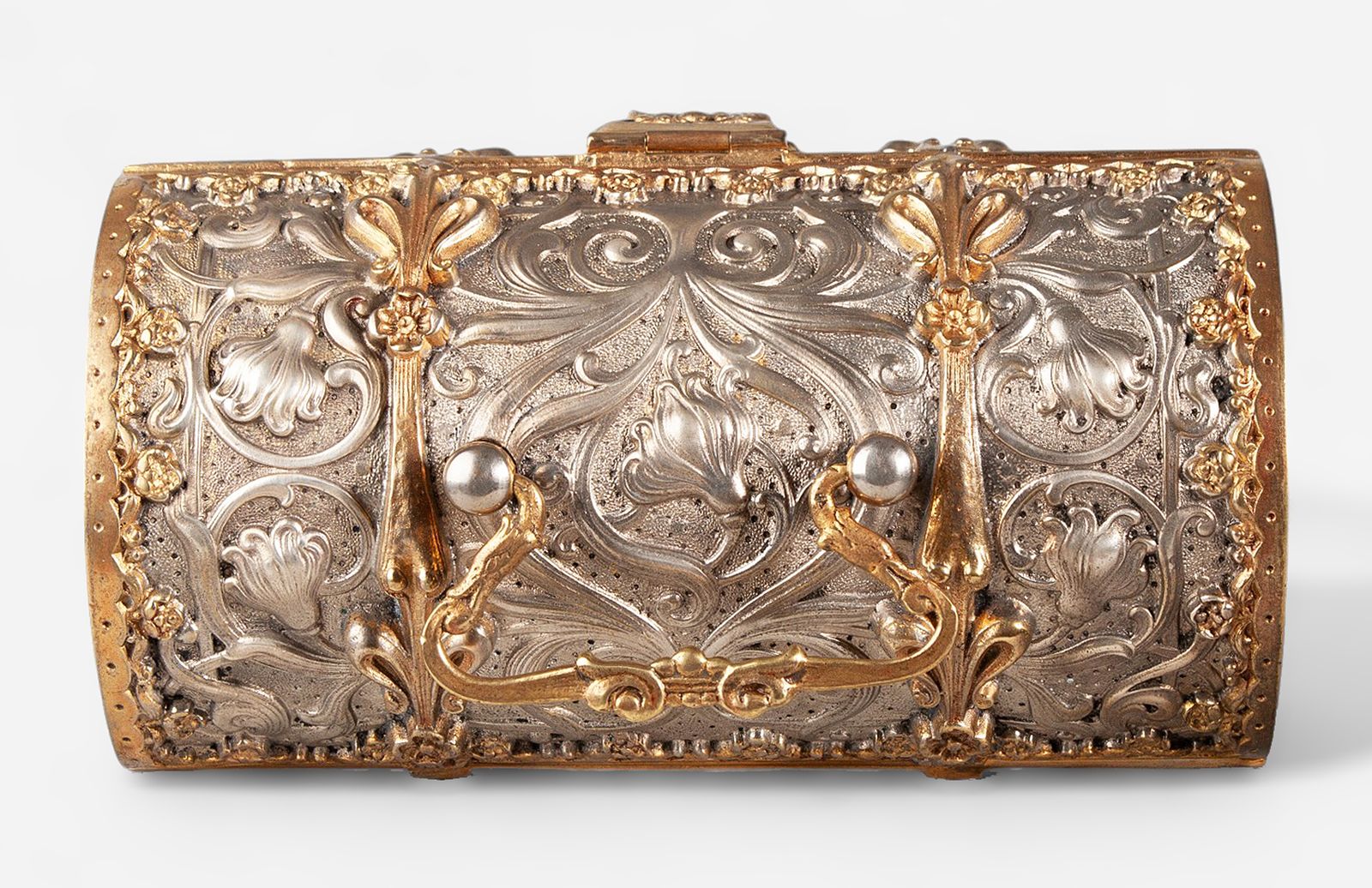 1900s Jugendstil Golden And Silver Brass Jewelry Casket With Blue Velvet Lined Interior By Erhard & Söhne, Germany photo for sale