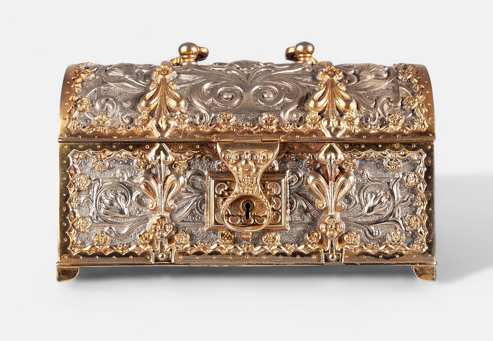 1900s Jugendstil Golden And Silver Brass Jewelry Casket With Blue Velvet Lined Interior By Erhard & Söhne, Germany photo 1850.0