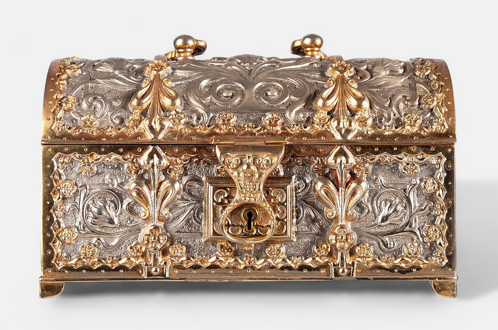 photo furniture 1900s Jugendstil Golden And Silver Brass Jewelry Casket With Blue Velvet Lined Interior By Erhard & Söhne, Germany