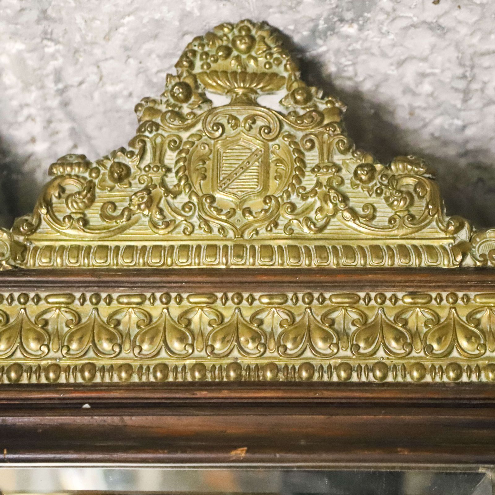 French Pressed Brass Mirror In Oak Frame With Family Crest Circa 1880 photo Home Decor