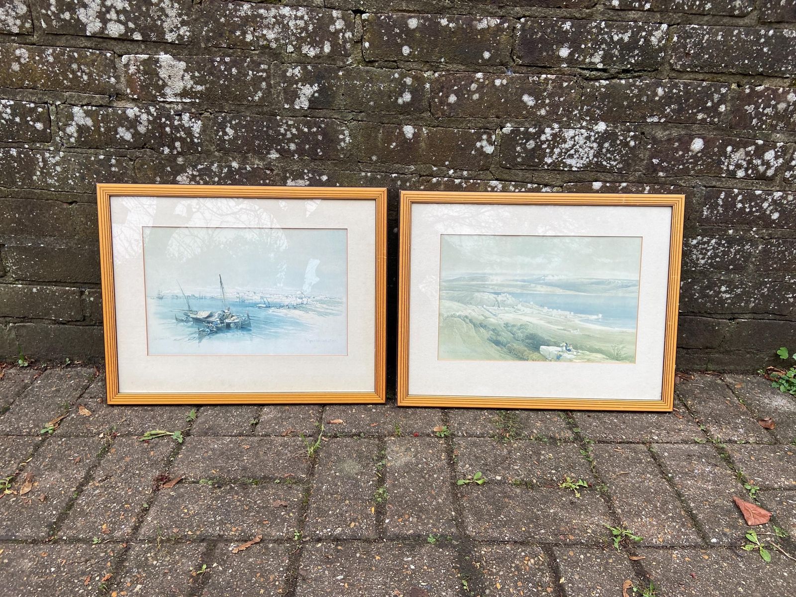 Pair Of Mid Century Vintage Wooden Frames With Geometric Detail   Light Golden Wood With Black Lines, Glazed Frames; David Roberts Prints X2